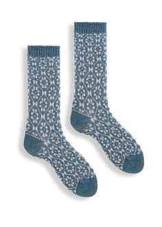 blue socks with white flower pattern Aster Flower, Knit Loungewear, Cashmere Socks, Women Crew Socks, Air Force Blue, Crew Sock, Shoe Boutique, Initial Charm, Socks Women