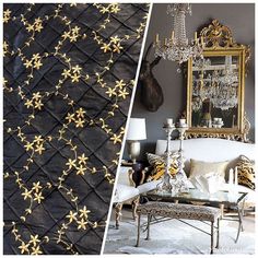 two pictures side by side, one is black and the other has gold flowers on it