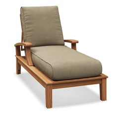 a wooden chair with a cushion on it's back and arm rests in front of a white background