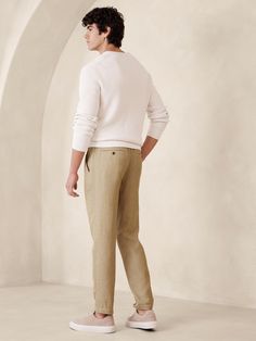 Athletic Linen-Blend EWaist Pant | Banana Republic Factory Classic Linen Pants With Elastic Waistband, Classic Linen Bottoms With Elastic Waistband, Business Casual Neutral Linen Bottoms, Neutral Linen Bottoms For Business Casual, Fitted Linen Bottoms With Elastic Waistband, Fitted Linen Tapered Leg Chinos, Relaxed Fit Linen Chinos For Work, Fitted Linen Chinos Straight Pants, Spring Linen Tapered Leg Chinos