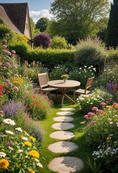 a garden with flowers and a table in the middle, surrounded by stepping stone paths