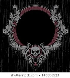 a black background with a skull in the center and an ornate frame around it,