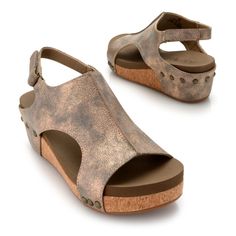 Slip into a style that will carry you from day to evening! While your foot is mostly covered, you'll love the cut-out details on the sides and toes that meet the cork wedge with studded details. Secured around the back of your ankle with hook & loop tape, you can be sure to stay comfortable and stylish all day long! Cork Material Open Toe Wedge Sandals, Cork Wedge Sandals With Open Toe, Open Toe Cork Wedge Sandals With Removable Insole, Cork Wedge Sandals With Removable Insole, Cork Wedge Sandals With Cork-bed Midsoles, Cork Wedge Sandals With Cushioned Footbed, Cushioned Cork Wedge Sandals, Sandals On Sale, Hook And Loop Tape