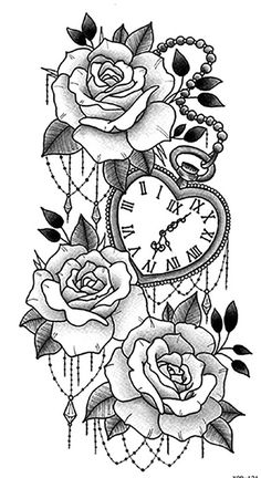 a tattoo design with roses and a heart on the side, in black and white