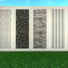 three different types of stone wall panels on grass with blue sky in the back ground