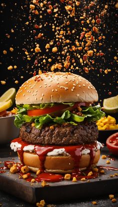 a hamburger with lettuce, tomato and mayonnaise falling into the air