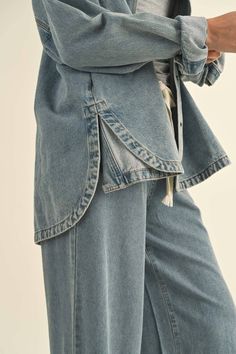 * * Size & Fit * * * * * * * * * * * * * * * * Model is wearing size S D Measurements taken from size S Height - 5' 7 1/2" / 175.3CM 33(Bust) - 24(Waist) - 34(Hips) Oversized Shacket, Denim Shacket, Knit Bottom, Oversized Style, Denim Button Down, Knee Dress, Washed Denim, New Tops, Sweater Blouse