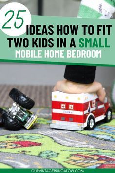 zoomed in image of little boy playing with cars on a rug for hotwheels text reads - 25 ideas how to fit two kids into a small mobile home bedroom Small Space Living Hacks