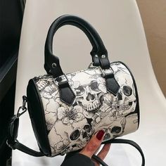 Black & White Skull Boston Bag New/Unused Mini Boston Bag Detachable Shoulder Strap Use As A Satchel Or Cross-Body Bag Inner Zipper Pocket Washable Pu Material 7.9" X 4.7" X 5.9" Rectangular Skull Print Bag For Halloween, Black Skull Print Bag For Halloween, Black Skull Bag For Halloween, Rectangular Skull Print Shoulder Bag For Daily Use, Rectangular Shoulder Bag With Skull Print For Daily Use, Black Skull-shaped Bag For Halloween, Black Skull-shaped Bag With Skull Print, Black Halloween Bag With Skull Print, Black Halloween Bags With Skull Print