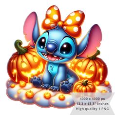 a cartoon character sitting on top of pumpkins with an orange bow around its neck