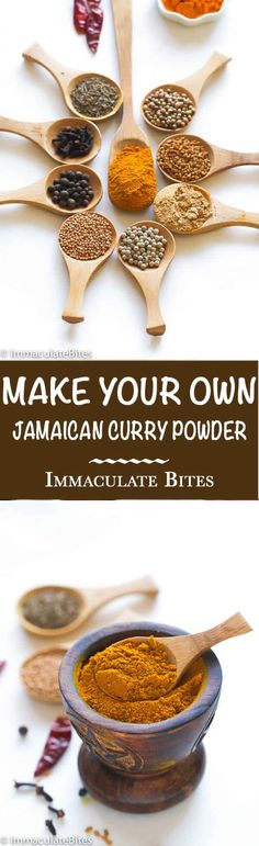 several spoons filled with different types of spices and the words make your own jamaican curry powder