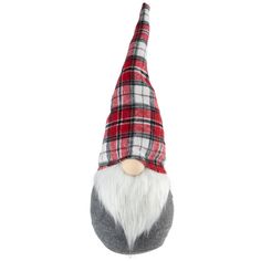 Standing Christmas gnome decoration. Traditional red plaid hat with bendable wire. Weighted bottom for stability to place on a flat surface Plaid Hat, Plaid Hats, Black Beards, Mantel Shelf, White Beard, Christmas Figurines, Christmas Goodies, Gray Plaid, Red And Black Plaid