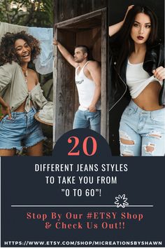 an advertisement for the fashion show, featuring two women in denim shorts and one man in white