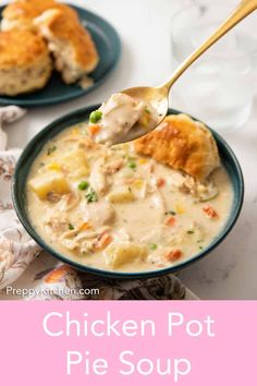 chicken pot pie soup in a bowl with a spoon