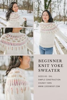 a woman wearing a sweater in the snow with text that reads begin knit yoke sweater