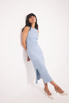 Knitted Ribbed Sleeveless Midi Dress Midi Dress Blue, Sleeveless Midi Dress, Blue Midi Dress, Midi Dress Sleeveless, Knitting Designs, Dress Blue, Stretchy Material, Rib Knit, Midi Dress