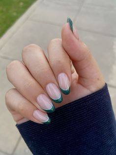 #nails #frenchnails #green French Tip Nails With Green Accent, Moss Green French Tip Nails, French Emerald Green Nails, Save Green French Tips, Green Fresh Tip Nails, Cute Simple Hoco Nails, French Nails With Green Tips, Green Hoco Nails Short, White French Tip With Green Line