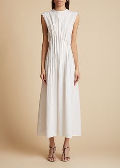 Wes Dress in White– KHAITE Pintucks Designs, Dress Runway, Taos Pueblo, Twill Dress, Corporate Fashion, White Midi, Runway Dresses, Taos, Pin Tucks