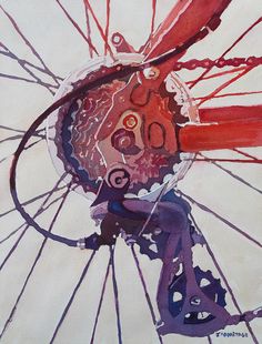 an artistic painting of a bicycle wheel with red spokes and purple paint on it