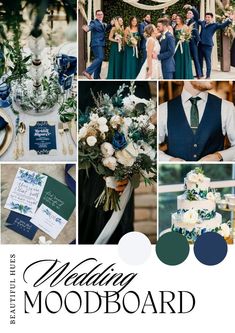 wedding mood board with blue and white colors