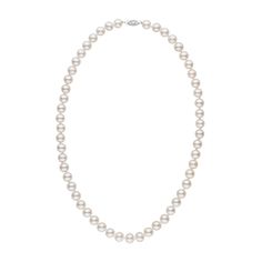 This white freshwater pearl necklace is composed of 7.5-8.0 mm freshwater pearls - the most popular size. The 18-inch strand is composed of the highest quality freshwater pearls available. They feature nearly perfect shape and matching, and exhibit a sharp reflective luster. The pearls are individually knotted on twin silk and finished with a 14-karat gold clasp. This strand is the most popular necklace we offer, and every strand was selected, graded and sourced by our buying team during their q Japanese Pearls, Akoya Pearl Necklace, Popular Necklaces, Pearl Strands Necklace, Jewelry Appraisal, White Pearl Necklace, Clasp Necklace, Freshwater Pearls Earrings, Freshwater Pearl Necklace