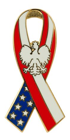 a red, white and blue ribbon with an eagle on the front is shown in this pin