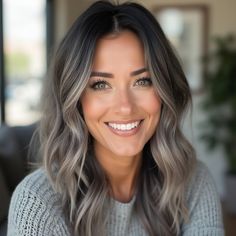 Ash Tone Hair Brown, Hair Dark Roots Light Ends, Smokey Ash Blonde Hair Balayage, Grey Blending Dark Hair Brunettes, Highlights For Greying Hair Brunettes, Brunette Ashy Balayage Hair, Green Eye Hair Color, How To Blend Grey Hair With Dark Hair, Ash Grey Highlights On Dark Hair