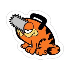 an orange cat with a chainsaw on its head is sitting in front of a white background