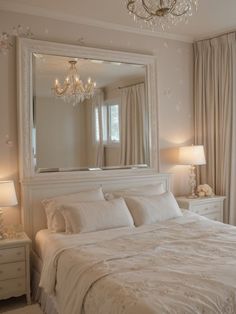 a white bed sitting under a large mirror next to a lamp and dresser in a bedroom