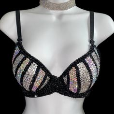 Welcome, Gorgeous Sparkly Luxe Crystal Rhinestone Bra In Black Diamonds! Made To Last Permanent Design Can Be Worn Many Times With All Different Outfits For Dancers Or Costumes! Looks Fab Underneath A Sheer Top Or Dress! Colours;Jet Black & Crystal Ab Iridescent Design; Pinstripe Design To Make Colour Changes;Add To Bundle Style; Standard Padded Cups If You Would Like Extra Padding Or Natural Boost (No Padding) Or Don’t See Your Size Available Please Add To Bundle To Discuss Comment Or Send A Me Iridescent Design, Bling Bra, Rhinestone Bra, Pinstriping Designs, Crystal Ab, Black Diamonds, Black Bra, Different Outfits, Make Color