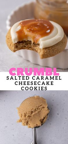 some cookies with caramel on them and the words crumbl salted caramel cheesecake cookies