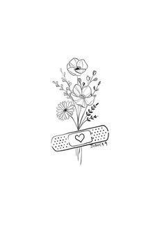 a drawing of flowers in a vase with a band aid on the bottom and an adhesive tape around it