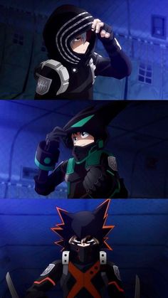 an anime character with different facial expressions in the same image, and one is wearing a helmet