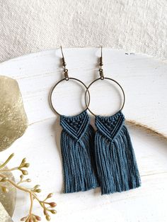 "Boho Macrame Earrings with Fringe in a rich dark blue. Hypoallergenic dangle earrings. COLOR - Blue - Oxidized Brass Findings SIZE - Total Length: approximately 4.25\" - Drop Length: 3.5\" - Hoop Size: 30 MM  JEWELRY https://www.etsy.com/shop/TheJonesyCo/items?section_id=26233708 SHIPPING FREE SHIPPING with USPS First Class Shipping Need Faster Shipping? Upgrades available for Priority Shipping and Express Shipping for a small fee. These options are available during checkout. THE JONESY CO. Blo Macrame Fringe, Earrings Macrame, Gold Tissue Paper, Oxidized Brass, Jewellery Box Making, Boho Macrame, Macrame Earrings, Online Pattern, Earrings Blue