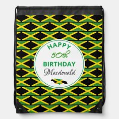 a drawsack bag with the words happy 50th birthday in green, yellow and black