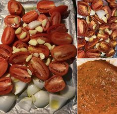 there are several different types of food on the table and one has tomatoes, onions, and garlic