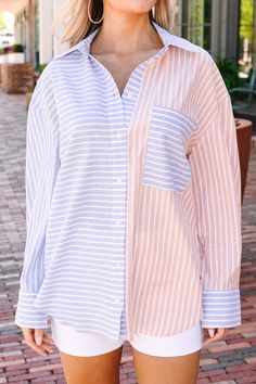 You are going to want to rock this button down all summer long! When paired with white shorts it gives the most classic coastal vibes! Plus, we love the combination of striped and colorblocking. So chic! This top features long sleeves, a collared neckline, button down front closure, and a mixed colorblock and striped print. 
Material has no amount of stretch.Baileigh is wearing the small. Classic Coastal, Coastal Vibes, Mint Julep Boutique, Mint Julep, Show Up, Dress Length, Color Blocking, White Shorts, Button Downs