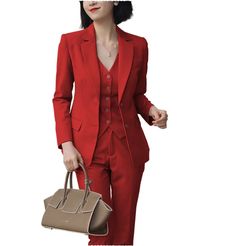 Formal 3 Pieces Women Suit Solid Peak Lapel Blazer Tailored Office Wear Set With Pockets, Tailored Sets With Pockets And Suit Collar, Workwear Sets With Suit Collar And Pockets, Workwear Sets With Pockets And Suit Collar, Business Sets With Pockets In Solid Color, Office Sets With Pockets For Winter, Tailored Business Casual Sets With Pockets, Formal Fall Sets With Pockets, Fall Formal Sets With Pockets