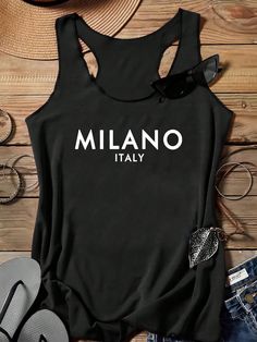 Women's Casual Milano Letter Pattern Tank Top, Suitable For Summer Black Casual   Knitted Fabric Letter,Plain Tank Slight Stretch  Women Clothing, size features are:Bust: ,Length: ,Sleeve Length: Cheap Striped Tops With Letter Print, Plus Size Tank Tops, Summer Black, Letter Patterns, Tank Top Cami, Kids Beachwear, Plus Size Tops, Plus Clothing, Summer Women