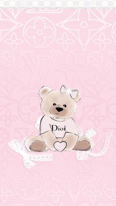 a white teddy bear sitting on top of a pink background with an inscription dior