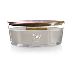 a white jar with a wooden lid and handle on it that says ww cosmetics