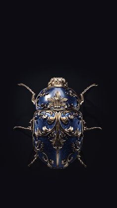 a blue and gold bug on a black background