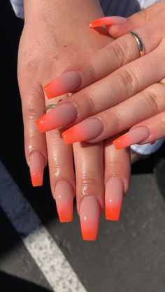 Orange Ombre Nails, Coffin Nails Ombre, French Pedicure, Orange Nail, Orange Nails