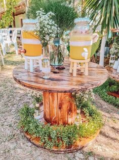 an outdoor table with two coolers on it and plants growing out of the top