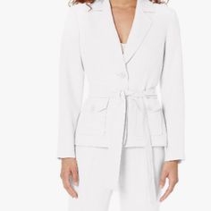 Plus Size Belted Safari Jacket Pantsuit 100% Polyester Belted Pantsuit For Spring Workwear, Spring Tailored Belted Pantsuit, White Spring Suits For Workwear, Black Pant Suit, Plus Size Belts, Suit White, Grey Trench Coat, Le Suit, Embroidered Pants