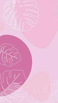 a pink and white background with leaves