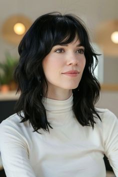 Soft waves with curtain bangs on dark hair Long Shag Haircut With Short Bangs, Curtain Bangs On Dark Hair, Asymmetrical Curtain Bangs, Curtain Bangs Waves, Short Bangs Medium Hair, Long Hair Short Curtain Bangs, Bangs On Dark Hair, Growing Out Fringe Hairstyles, Black Hair With Bangs Grunge