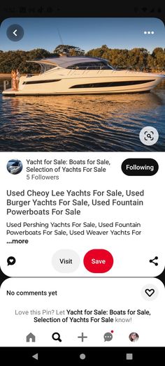 a boat is on the water with other boats in the background and an ad for yacht sales