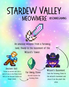 the stardew valley meowmere info sheet is shown in this image