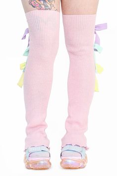 Spring Cotton Leg Warmers, Spring Cotton Stretch Leg Warmers, Pink Casual Leg Warmers For Spring, Playful Fitted Winter Bottoms, Casual Elastic Leg Warmers For Spring, Pink Leg Warmers, Cozy Town, Cute Streetwear, Pastel Bows